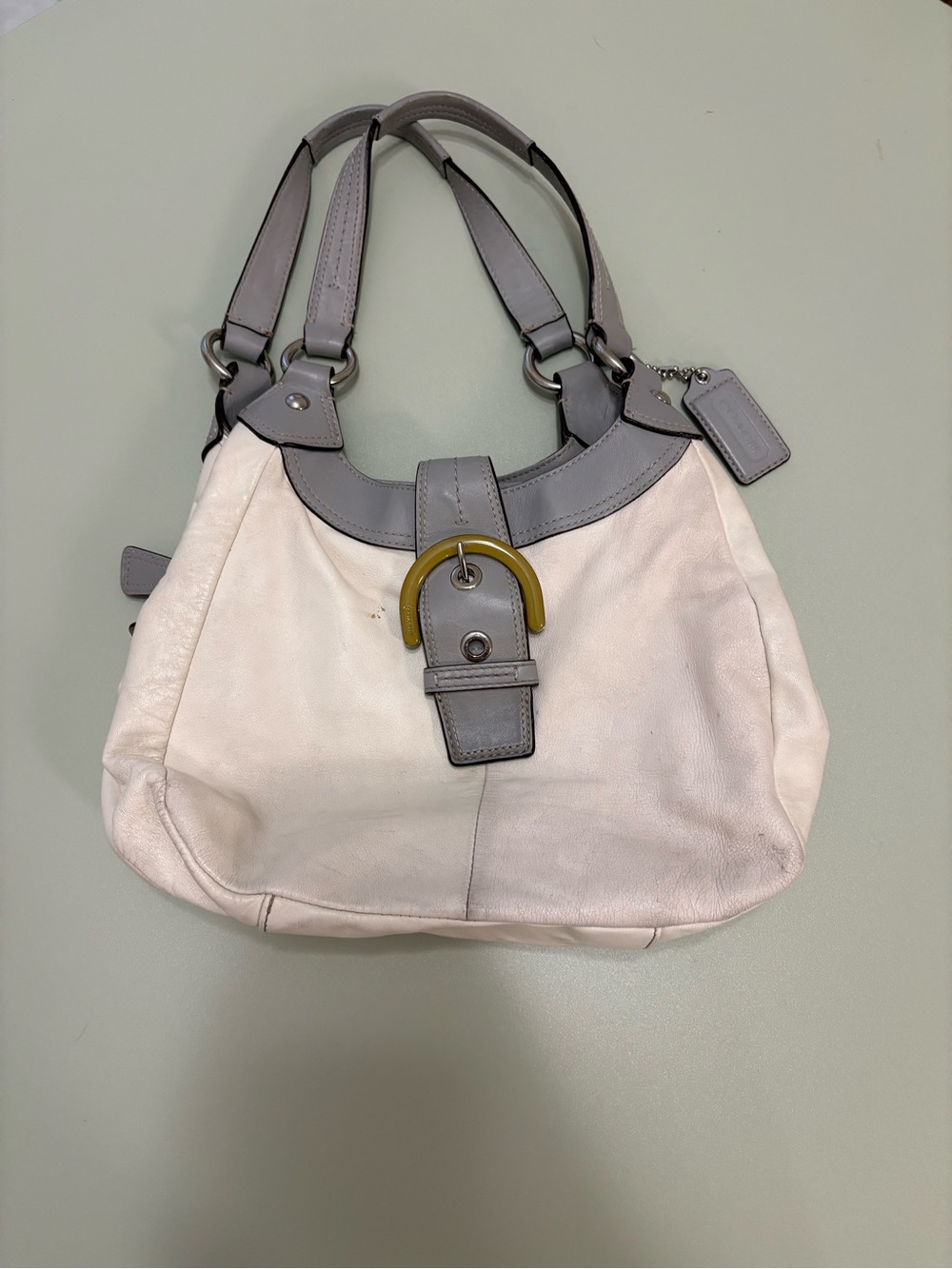 Coach Cream and Gray Leather Shoulder Bag with Yellow Buckle